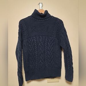 Ralph Lauren Polo Sport Navy Cable Knit Turtleneck Sweater – Hand Knit – Size L
